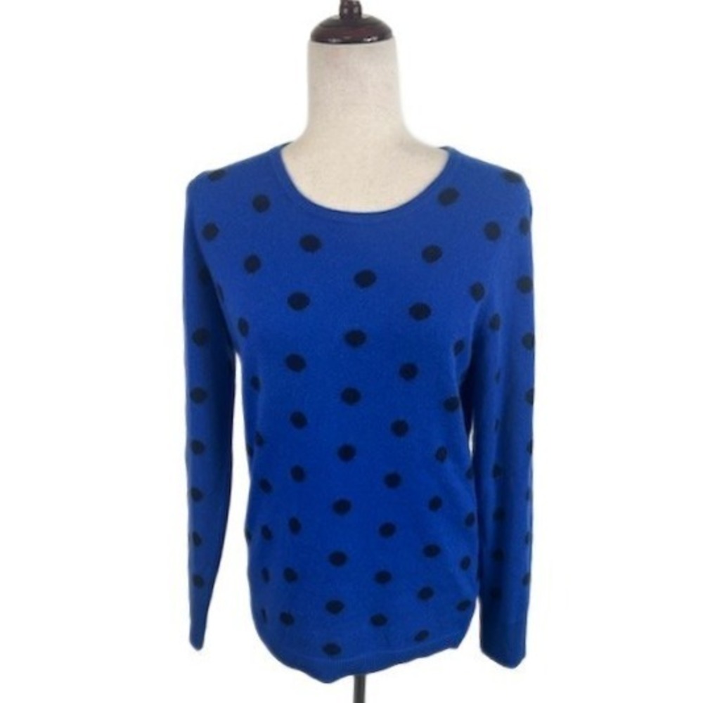 Chic Talbots Pure 100% Cashmere Blue Black Polka Dot Sweater Women's Size Small